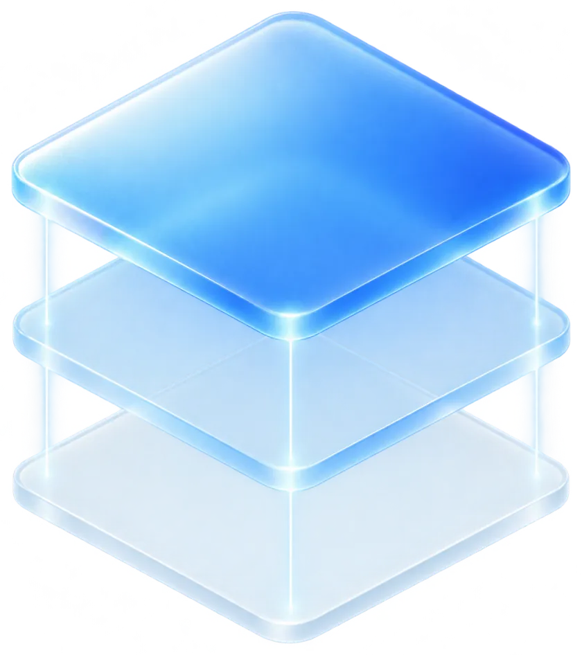 Three stacked glass layers, the top one lit.