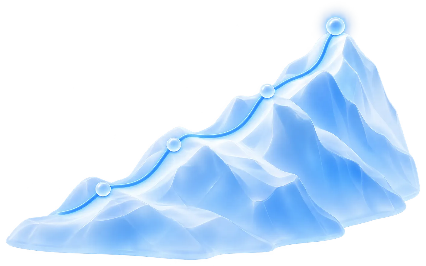 A glass mountain with a trail climbing past four waypoints to the summit: the four weeks of the pilot.