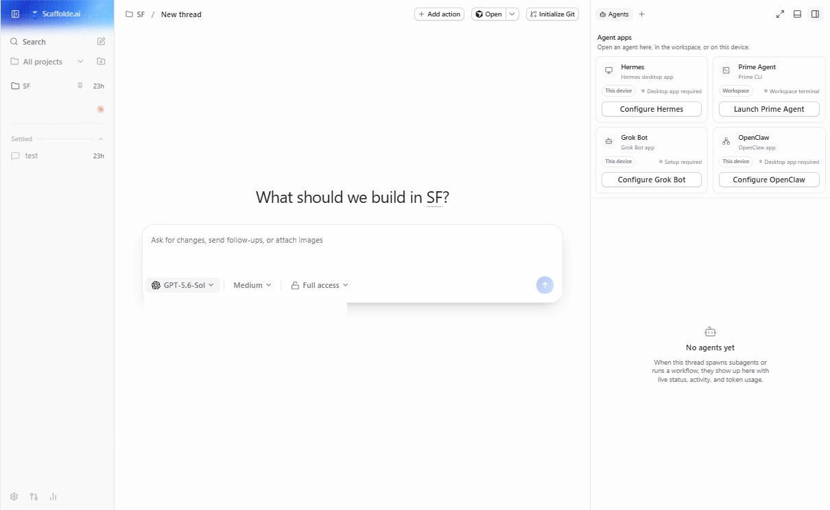 The Scaffolde workspace: project navigation, a prompt composer and the Agents rail, with the walkthrough playing on top.