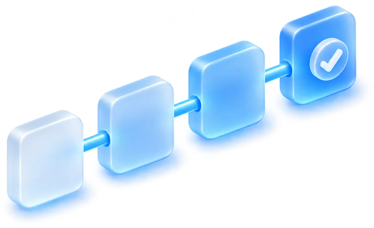 Four glass steps linked in a line, the last one marked with a check.